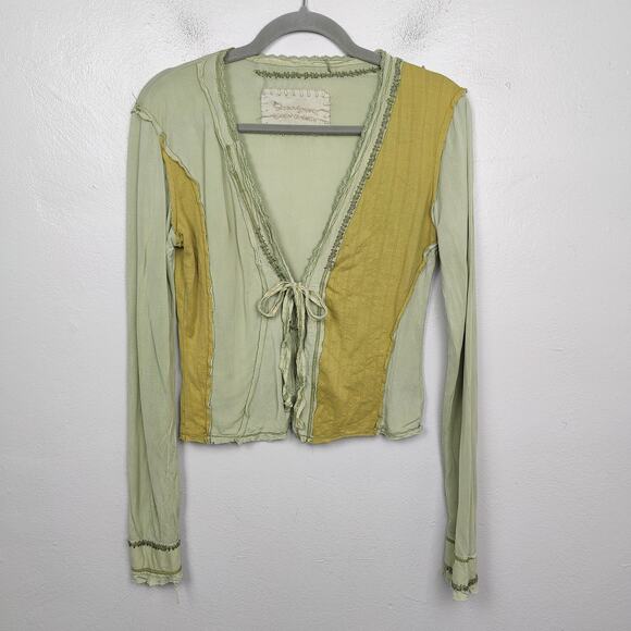 Vintage Y2K Shangana Heaven On Earth Cardigan Women XS Green Patchwork Tie Front - Picture 1 of 9